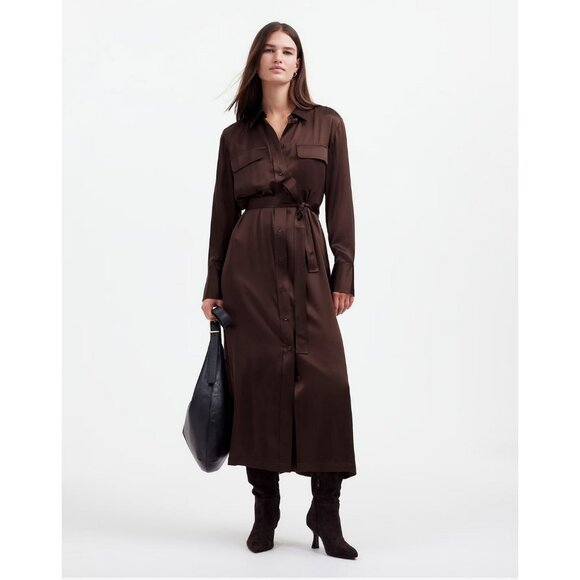 Madewell Silk Belted Midi Shirtdress Women's Size XS in Brown New Without Tags! - Picture 1 of 6